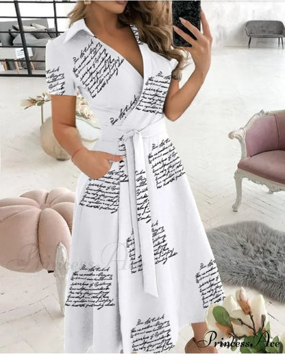 Warm-Season Retro Short-Sleeved V-Neck Gown Party Spring Patterned Fashion Belt Letter Printing / S