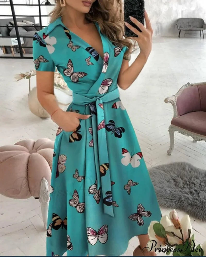 Warm-Season Retro Short-Sleeved V-Neck Gown Party Spring Patterned Fashion Belt Butterfly Print / S