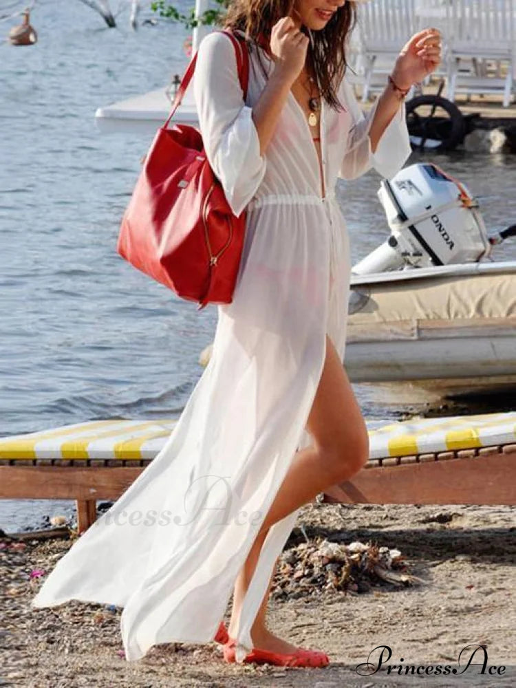 White Chiffon Maxi Beach Dress Cover-Up With Long Sleeves Dresses
