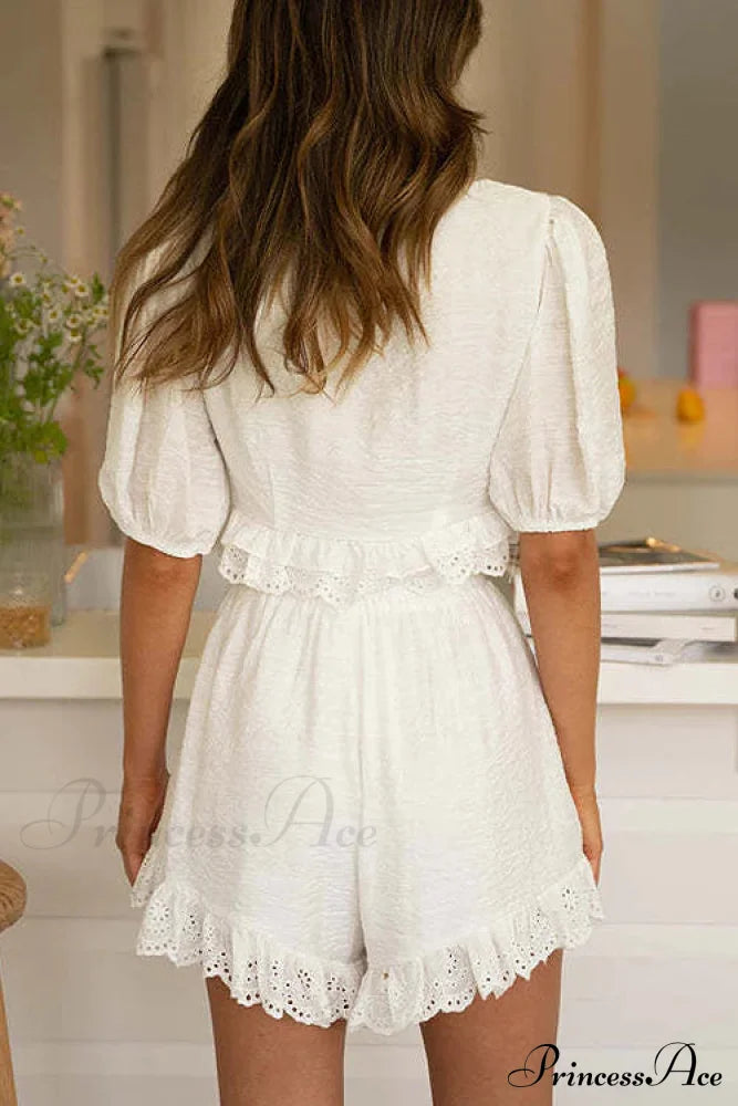 White Lace Crochet Short Sleeve Dress Set Short Mini Two Piece Dress