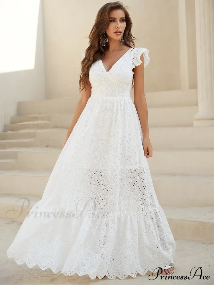 White Lace Dress With Backless Flounce Hem Lace Maxi Wedding Dress