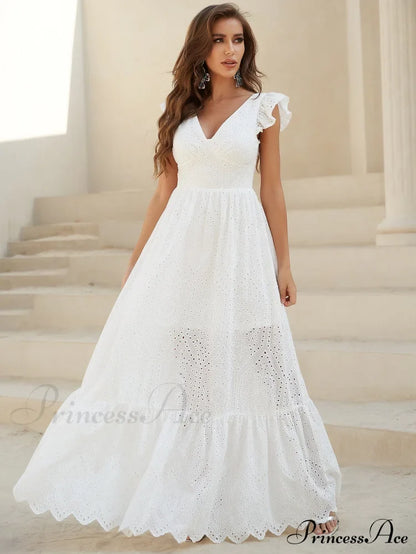 White Lace Dress With Backless Flounce Hem Lace Maxi Wedding Dress