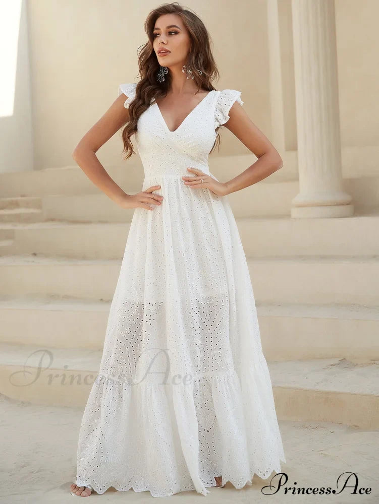 White Lace Dress With Backless Flounce Hem Lace Maxi Wedding Dress