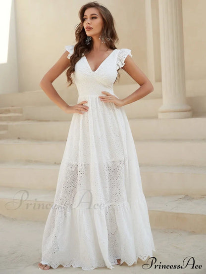 White Lace Dress With Backless Flounce Hem Lace Maxi Wedding Dress