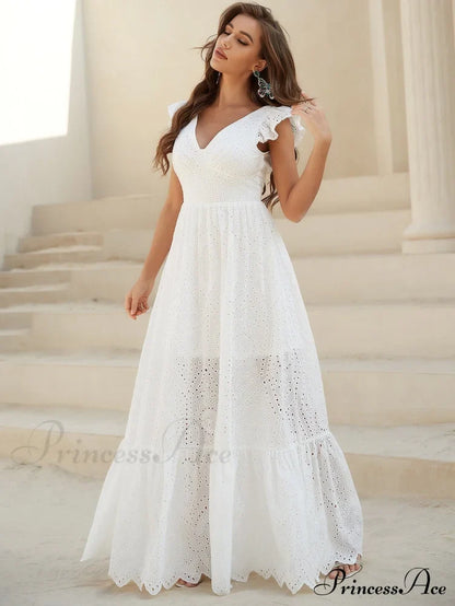 White Lace Dress With Backless Flounce Hem Lace Maxi Wedding Dress