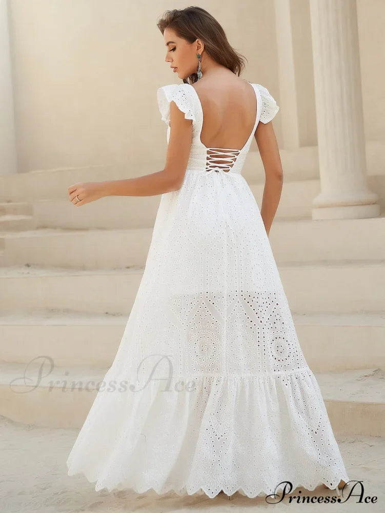 White Lace Dress With Backless Flounce Hem Lace Maxi Wedding Dress