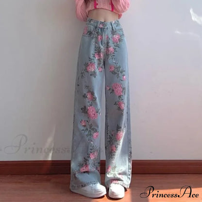 Wide High Waist Flowered Leg Jeans