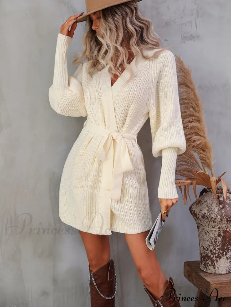 Winter Wrap Dress Women Long Sleeve Office Cardigan Tunic Solid Color S / Red Dresses