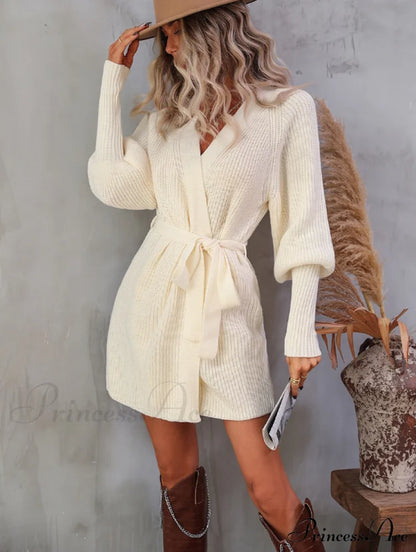 Winter Wrap Dress Women Long Sleeve Office Cardigan Tunic Solid Color S / Red Dresses