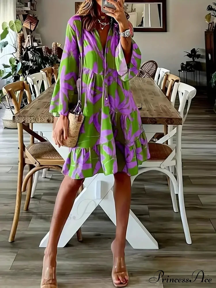 With Arm Long Gown Leaves Full-Length Tiered Print S / Magenta Long Sleeve Print Dress