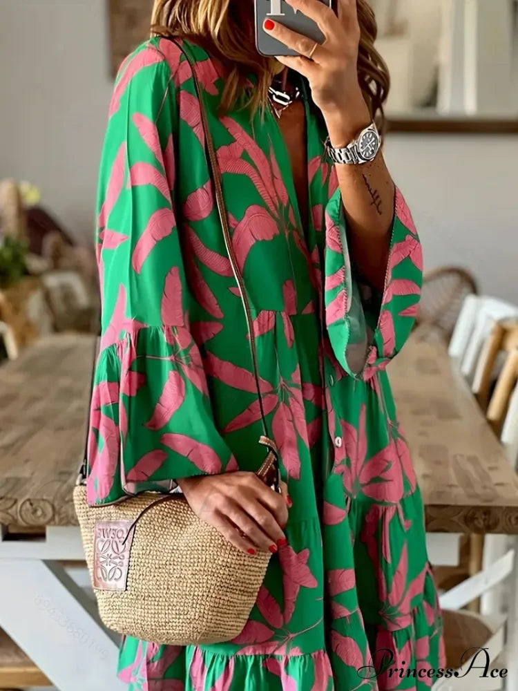 With Arm Long Gown Leaves Full-Length Tiered Print S / Pink Long Sleeve Print Dress