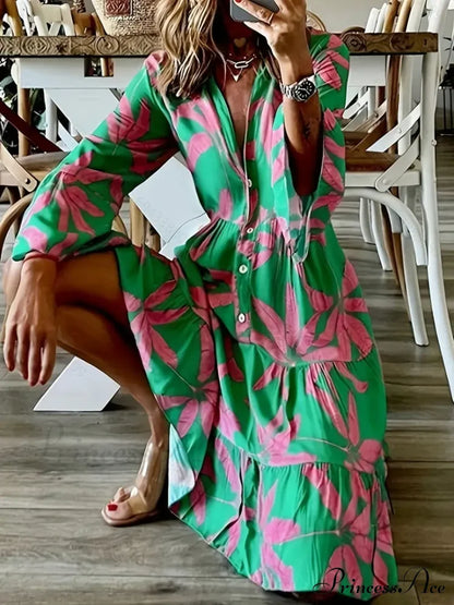 With Arm Long Gown Leaves Full-Length Tiered Print M / Magenta Long Sleeve Print Dress