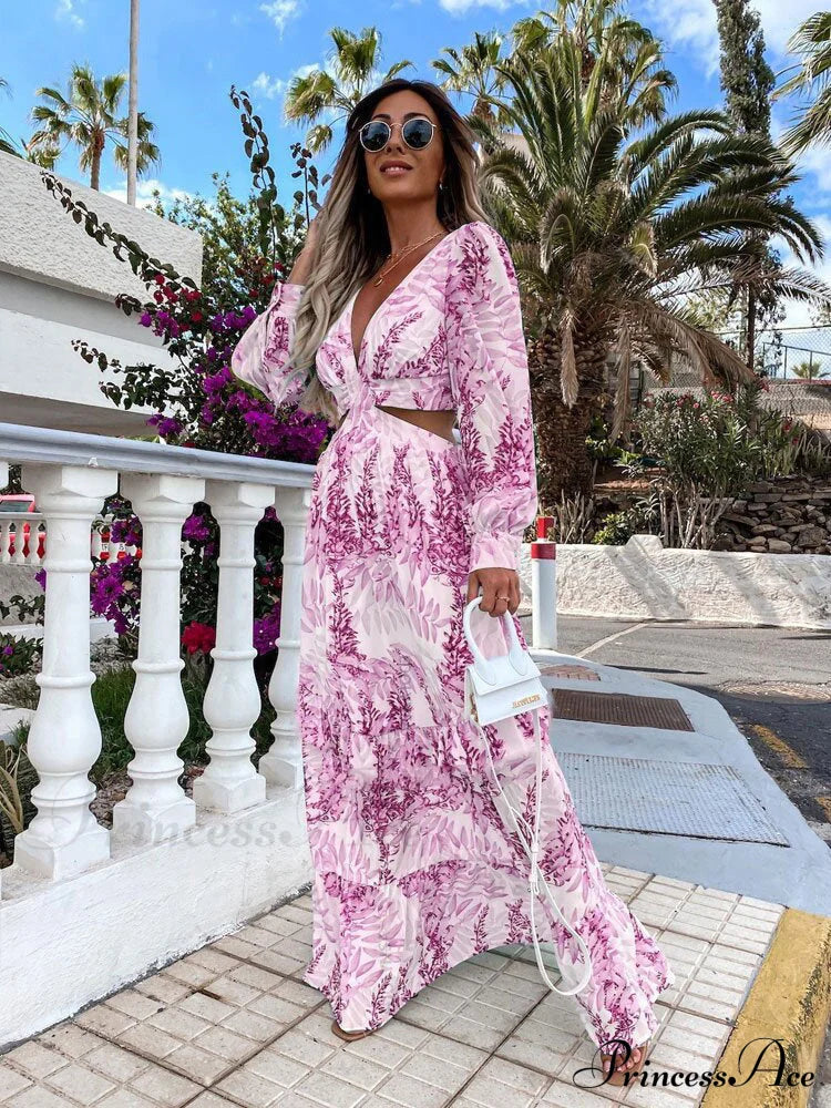 With Long Gown Bachelorette Design V-Neck Flowered Full-Length Sleeves S / Purple Blue Print Maxi