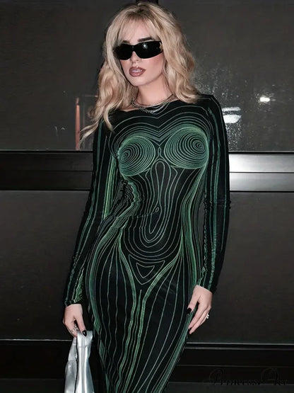 With Striped Long Body Shape Out Design Gown Cut Sleeves S / Blue Green Bodcyon Party Dress