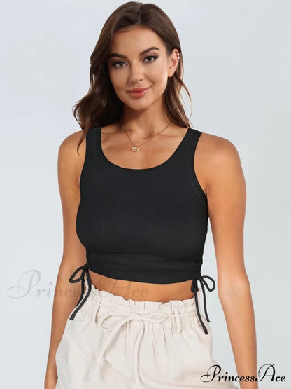 Drawstring Ruched Round Neck Tank Black clothes crop top croptop MDML Ship From Overseas Shipping Delay 09/29/2023 - 10/02/2023 shirt shirts short sleeve top tops trend