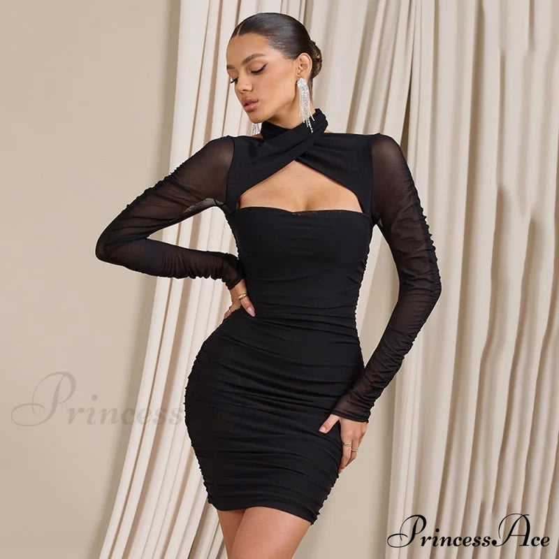 Women Bodycon With Mesh Gown Mini Arm Ruched Sexy Zipper Party Halter Robe Backless Long Autumn