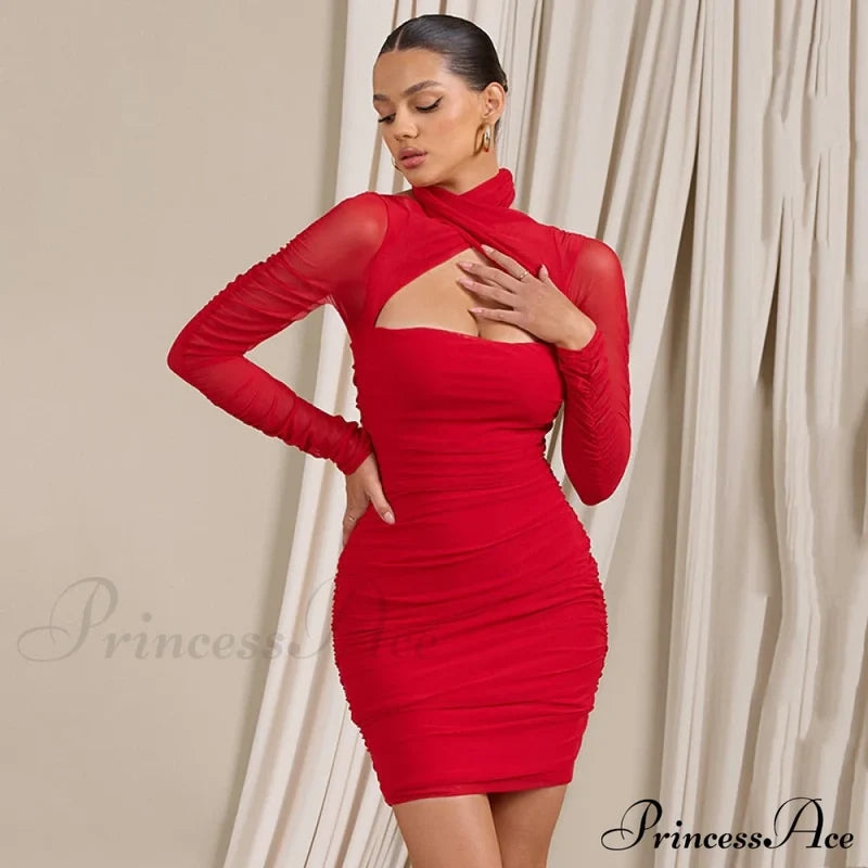 Women Bodycon With Mesh Gown Mini Arm Ruched Sexy Zipper Party Halter Robe Backless Long Autumn