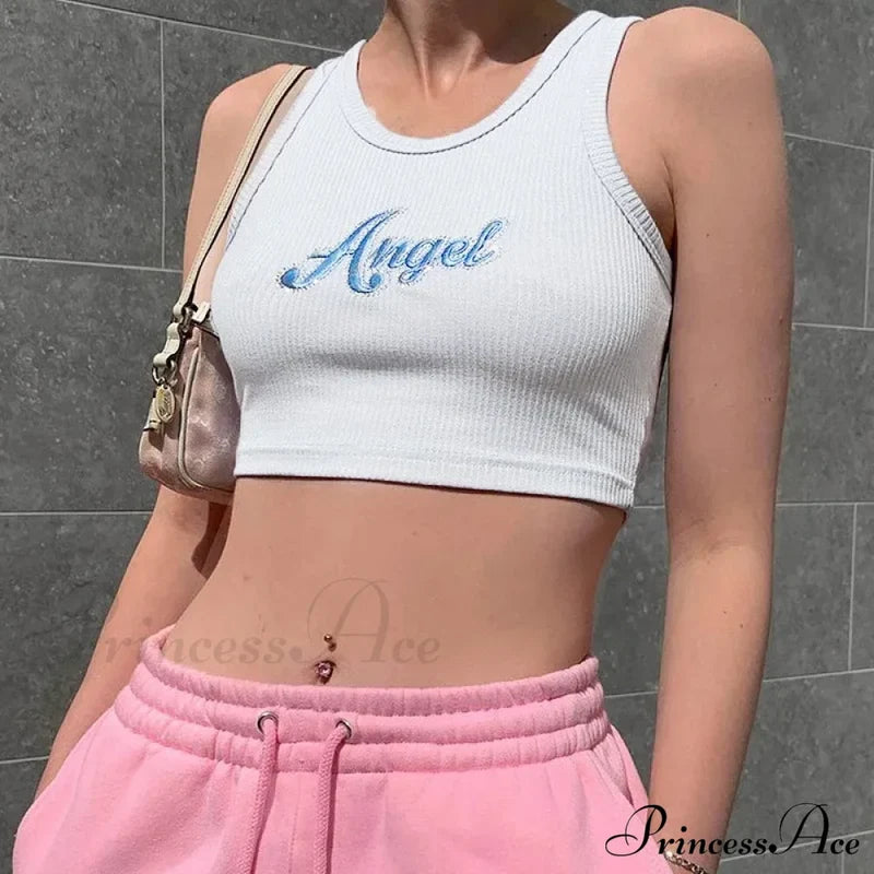 Women Letter Embroidery Vest Summer Sleeveless Crop For Ladies Tank Top
