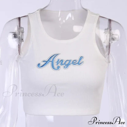 Women Letter Embroidery Vest Summer Sleeveless Crop For Ladies Tank Top White / S