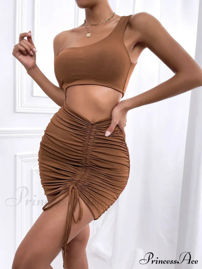 Women One Shoulder Mini Backless Hollow Out Pleated Cut Dress Lightcoffee / Xs