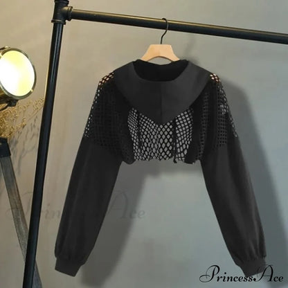Women’s Mesh With Out Hoodie Black Crop Top Hollow Patchwork