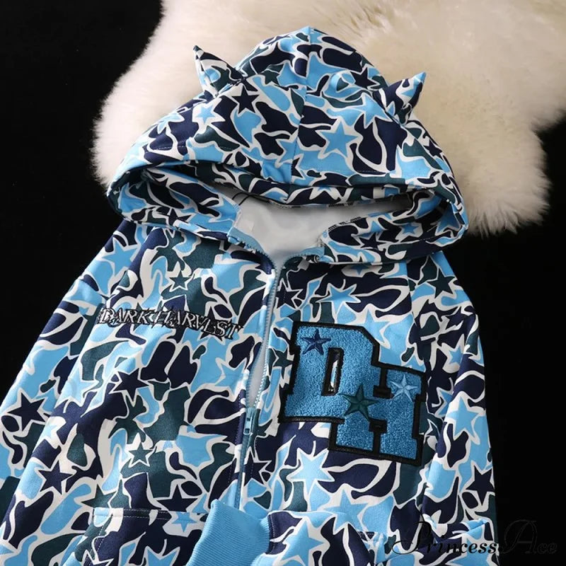 Y2K Hoodie Demon Streetwear Camouflage Up Embroidery Oversized Harajuku Zip Women