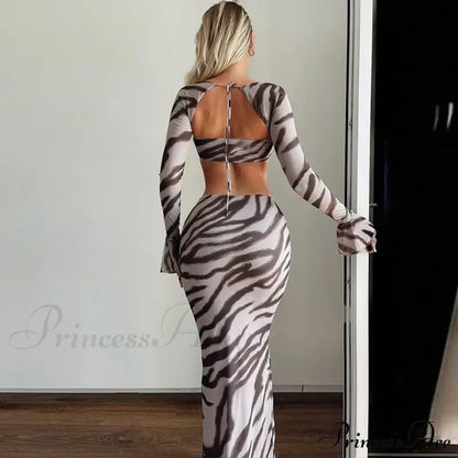 Zebra Print Y2K Skirt Two Piece Set Long Sleeve Backless Crop Top And Suit Maxi Dress